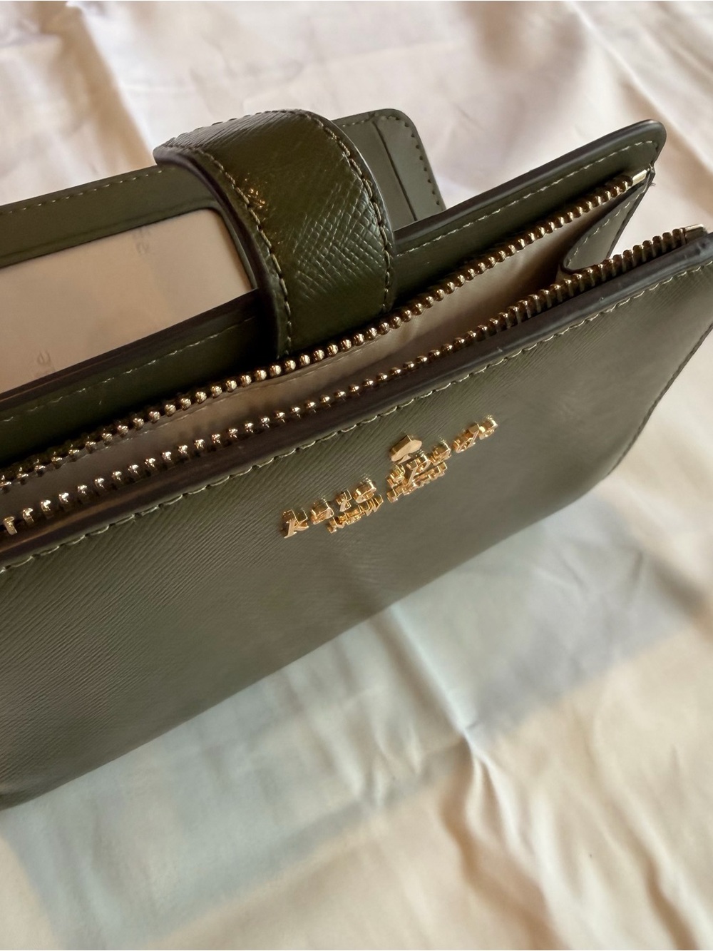 kate spade Olive Green Saffiano Zip Around Wallet with Gold Hardware